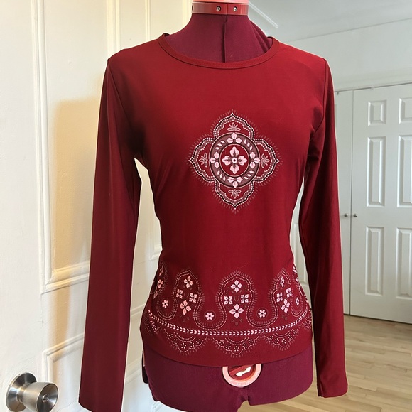 Tops - Chic Y2K Burgundy Paisley Women's Long Sleeve Top